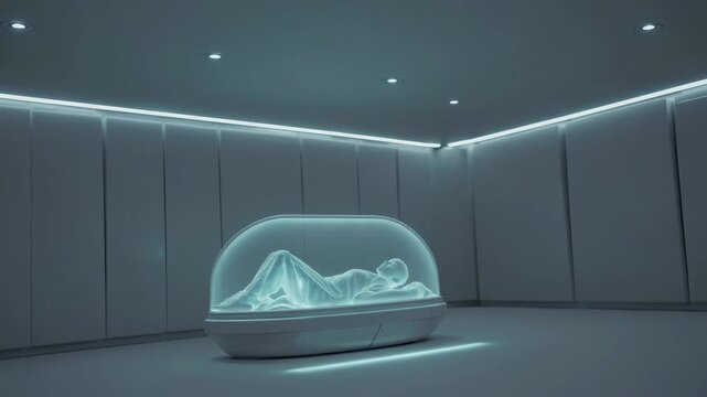 Holographic projection of human body lying in futuristic cryogenic chamber in modern laboratory with soft interior lighting highlighting advanced medical technology
