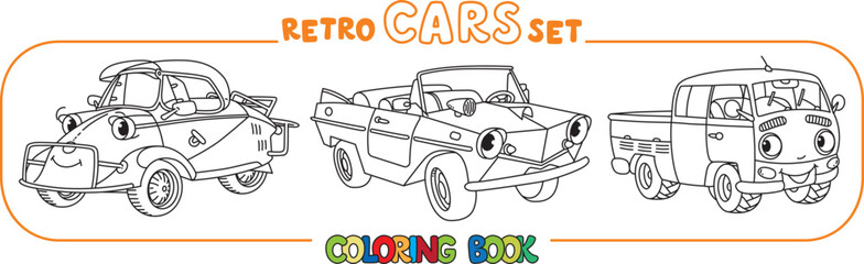 Funny old retro cars. Small funny vector cute vehicles with eyes and mouth. Children vector illustration. Coloring book set for kids