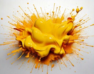 Gelbe Farbspritzerexplosion über weißem Hintergrund.