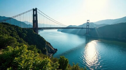 Obraz premium Serene Vista of a Suspension Bridge Spanning a Calm Bay, Bathed in Sunlight, with Lush Green Hillsides