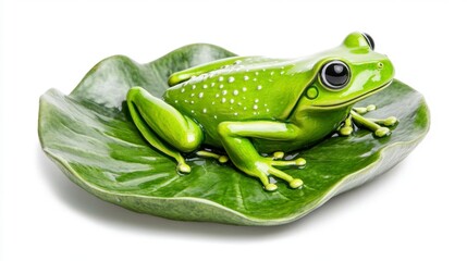 Green Frog Figurine on Lotus Leaf A Charming Miniature Sculpture