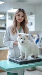 South east asian female veterinarian doctor dressed in medical clothing is weighs to a white swiss shepherd dog puppy on a big digital scale.