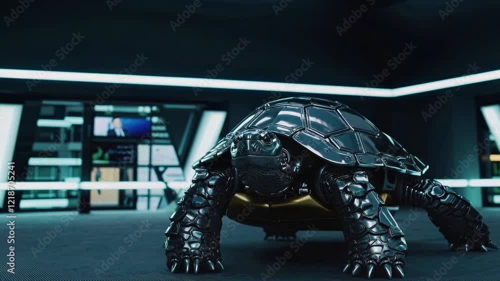 Poster metallic robotic tortoise standing menacingly in a futuristic server room, showcasing the integratio