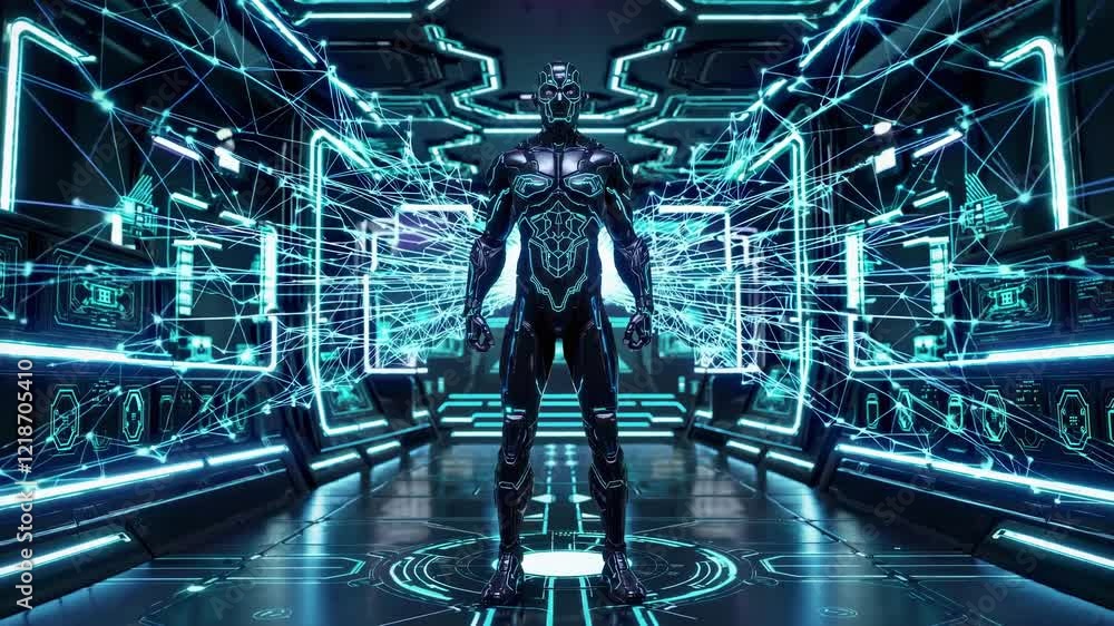 Poster powerful robot standing in futuristic spaceship corridor controlling data flow with glowing connecti