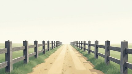 Fototapeta premium Serene Country Road Wooden Fence Lines a Dusty Path Leading to a Hazy Horizon