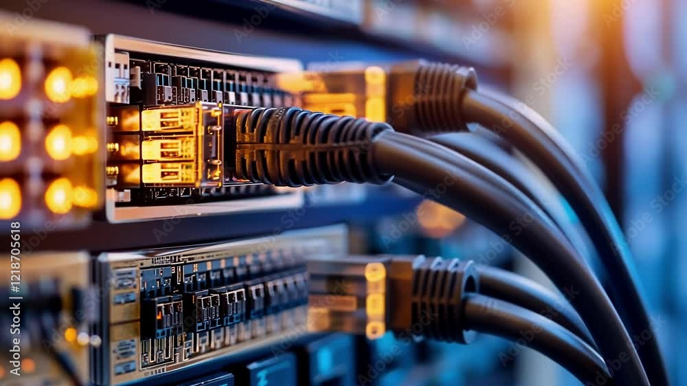 Poster close up of ethernet cables plugged into a network switch, transferring data with glowing lights in 