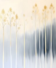 Golden trees stand tall against a misty backdrop in a tranquil artistic landscape