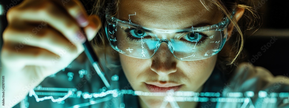 Poster focused female scientist analyzing data with futuristic technology in laboratory setting