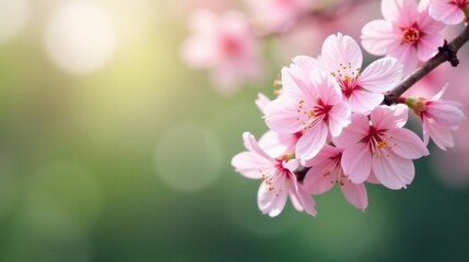 Obraz premium Delicate Pink Blossoms on a Branch in Soft Sunlight, a Symbol of Spring's Gentle Arrival