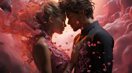 Cosmic Dance of Twin Flames Forming DNA Helix of Stardust and Rose Petals for Valentine's Day: Dreamlike Surreal Valentines Day Collages