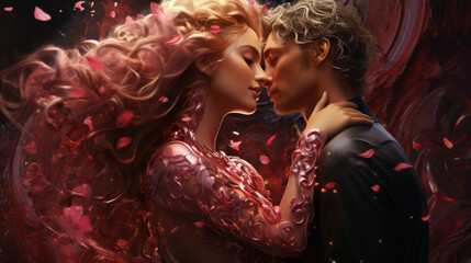 Fototapeta premium Cosmic Dance of Twin Flames Forming DNA Helix of Stardust and Rose Petals for Valentine's Day: Dreamlike Surreal Valentines Day Collages