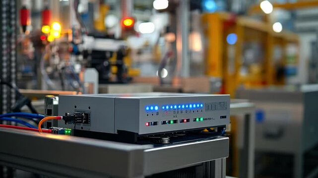 Programmable logic controller or plc working and monitoring production line in smart factory using internet of things or iot technology to automate processes