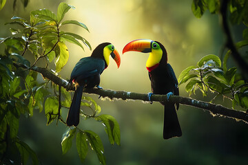 Obraz premium Toucan sitting on the branch in the forest, green vegetation, Costa Rica. Nature travel in central America. Two Keel-billed Toucan, Ramphastos sulfuratus, pair of bird with big bill. Wildlife.