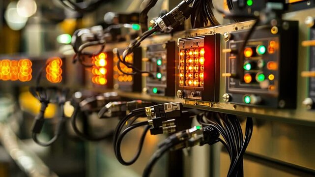 Many orange and green led lights shine on a control panel, illuminating a manufacturing plant and signaling the status of various processes