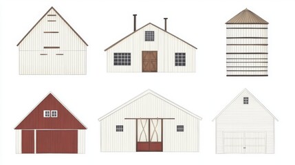 Fototapeta premium Six illustrations of farm buildings barns, silo.