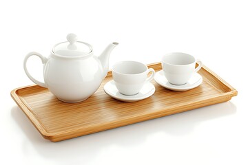 Fototapeta premium Minimalist White Tea Service: Teapot and Cups on Bamboo Tray