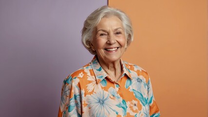 elderly caucasian female in casual wear on pastel color background model portrait smiling for ad...