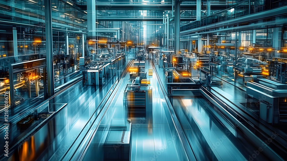 Poster a modern factory floor with automated processes and efficient production lines generative ai