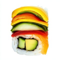 A colorful vegetable sushi roll with avocado and cucumber, isolated white background, pop art style