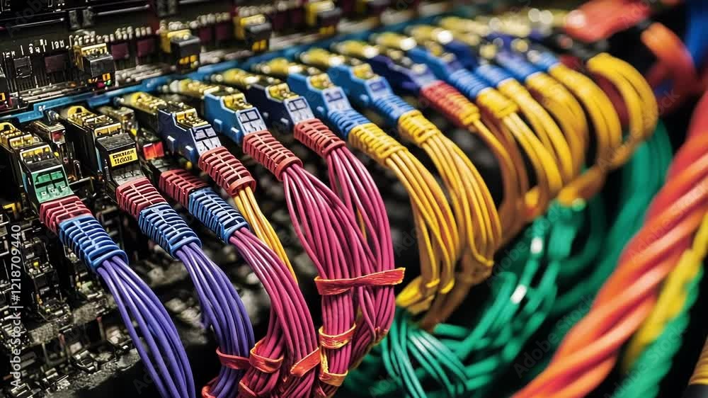 Poster close up of colorful network cables plugged into a patch panel in a server room, highlighting the co