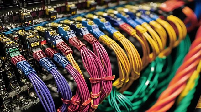 Close up of colorful network cables plugged into a patch panel in a server room, highlighting the complexity and organization of modern data infrastructure