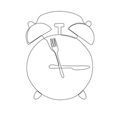 Intermittent fasting diet concept. Continuous line drawing of fork, knife and plate with alarm clock. Vector illustration of a fashionable trend in a healthy lifestyle.