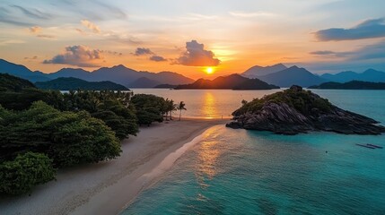 Fototapeta premium Breathtaking Sunset Over Tranquil Beach Surrounded by Lush Greenery and Serene Mountains, Capturing Nature's Beauty and Calmness in a Tropical Paradise Setting