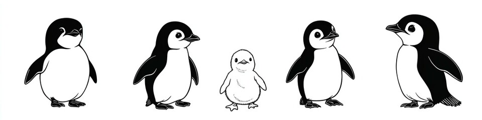 Fototapeta premium Set of sweet hand-drawn penguins in line art style featuring a chick in vector form.