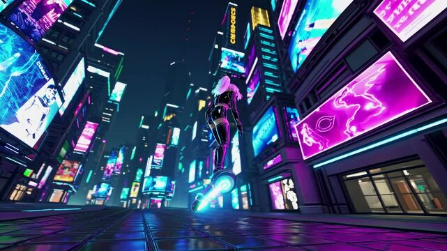 Cyberpunk girl with futuristic attire and augmentations rides a glowing hoverboard down a neon-lit city street at night, surrounded by towering skyscrapers and vibrant advertisements