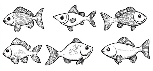 Set of sweet hand-drawn fish in line art style created as vector icons.