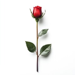 Single red rose, stem, leaves, white background, romance