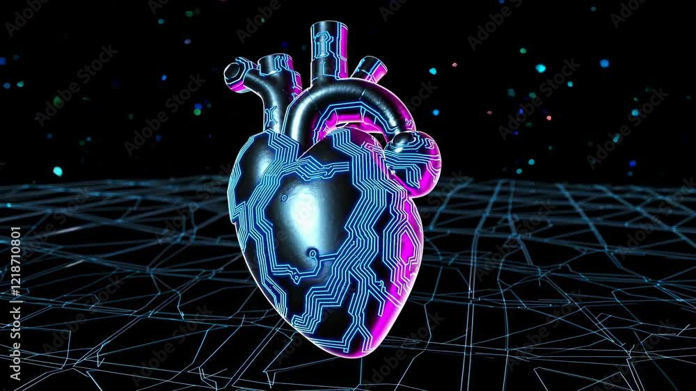 Poster metallic artificial heart with glowing circuits pulsating on a dark background with a network grid, 