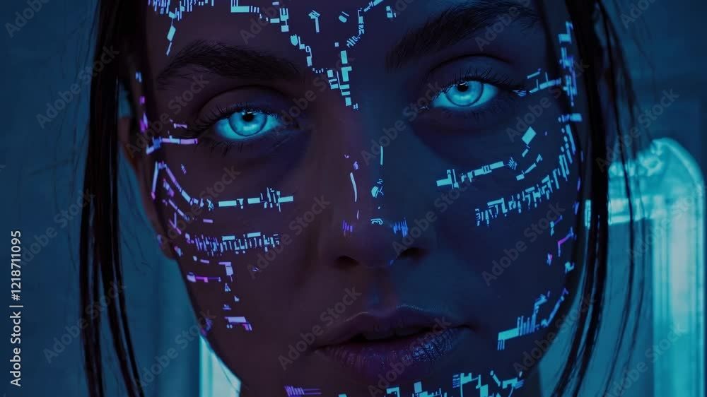 Poster futuristic digital projection mapping technology creating an augmented reality interface on a woman'