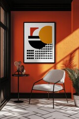 Modern interior featuring an abstract geometric art print and comfortable furniture against an orange wall