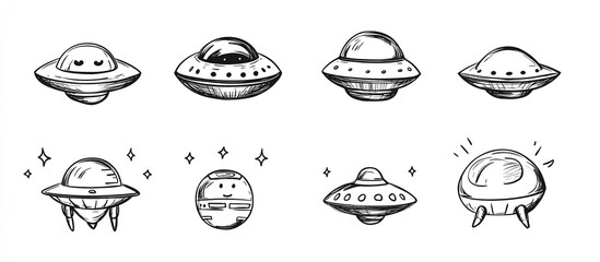 Set of many cartoon hand-drawn UFOs in line art vector style featuring various playful and whimsical designs of flying saucers in a fun simple illustration