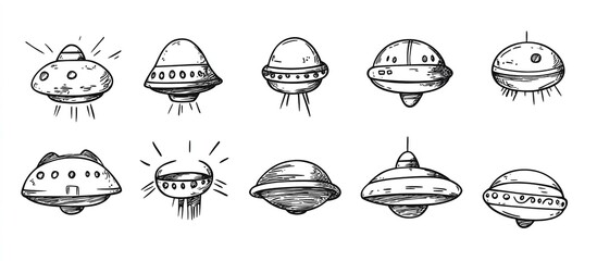 Set of many cartoon hand-drawn UFOs in line art vector style featuring various playful and whimsical designs of flying saucers in a fun simple illustration