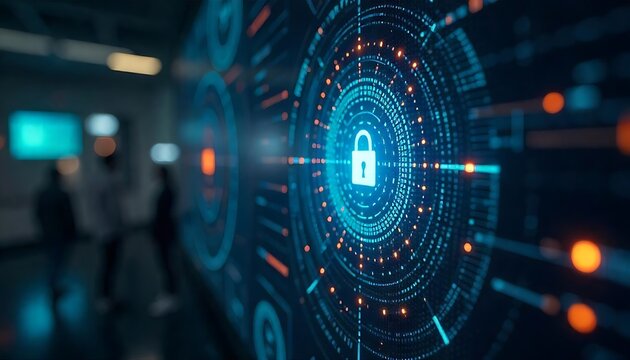 Abstract cyber security concept with digital lock on screen, people in background - Powered by Adobe