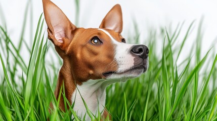 Curious Dog Among Lush Green Grass in a Bright Outdoor Setting