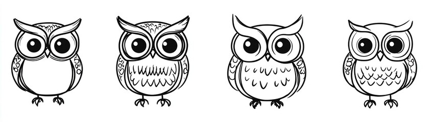 Naklejka premium Set of endearing hand-drawn owls in line art vector style featuring intricate details in the feathers and eyes ideal for minimalist nature designs