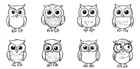 Set of endearing hand-drawn owls in line art vector style showcasing intricate details of feathers and large expressive eyes evoking a charming whimsical vibe