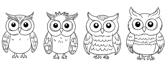 Fototapeta premium Set of endearing hand-drawn owls in line art vector style showcasing distinct feathers and large expressive eyes