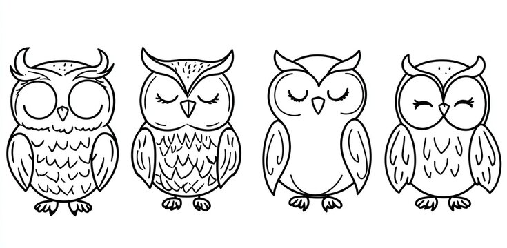 Set of endearing hand-drawn owls in line art vector style emphasizing delicate details in the feathers wings and eyes perfect for nature-inspired designs