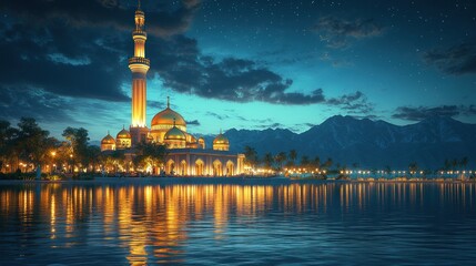 Obraz premium Night Mosque, Mountains, Water, Reflection, Ramadan
