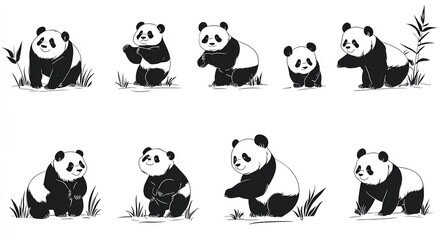 Set of delightful hand-drawn pandas in line art vector style depicting these charming animals in playful poses.