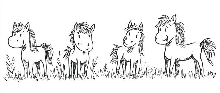 Set of endearing hand-drawn horses in line art vector style featuring foals in various poses and expressions perfect for equine lovers and nature-inspired designs