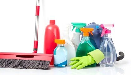 Cleaning supplies arranged on a white surface, including a mop and various bottles