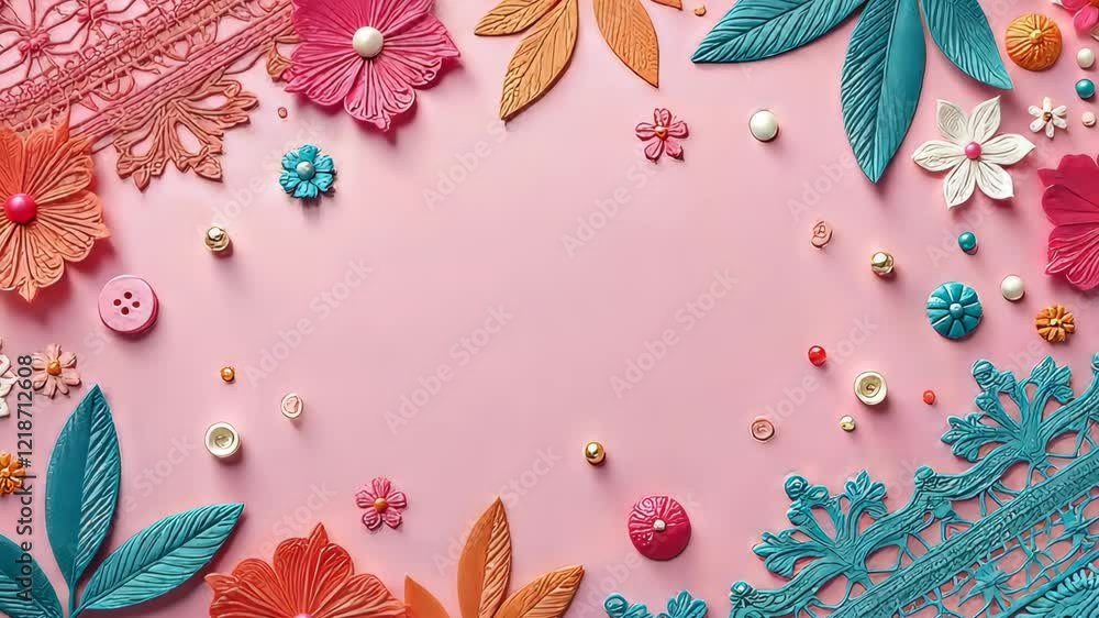 Poster a pink, orange, and blue lace with a bunch of buttons on it. the buttons are of different colors and