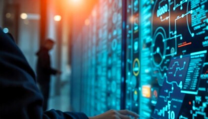 Person interacting with a large digital display with complex data visualizations in a dark room