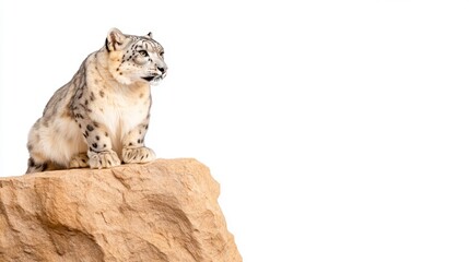 Obraz premium Majestic Snow Leopard Perched on a Rock Against a White Background