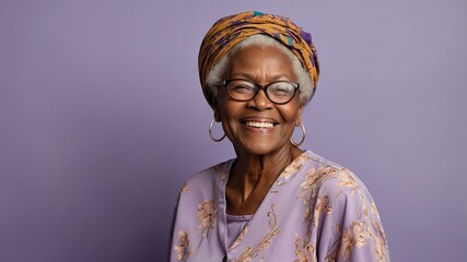 Fototapeta premium elderly african female in casual wear on pastel color background model portrait smiling for ad concept space for text